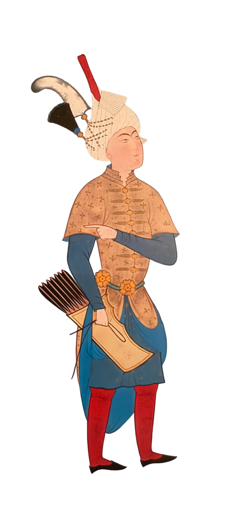 Isolated Persian miniature illustration of a Safavid-style figure wearing a feathered turban, a decorated robe, and carrying a quiver of arrows.