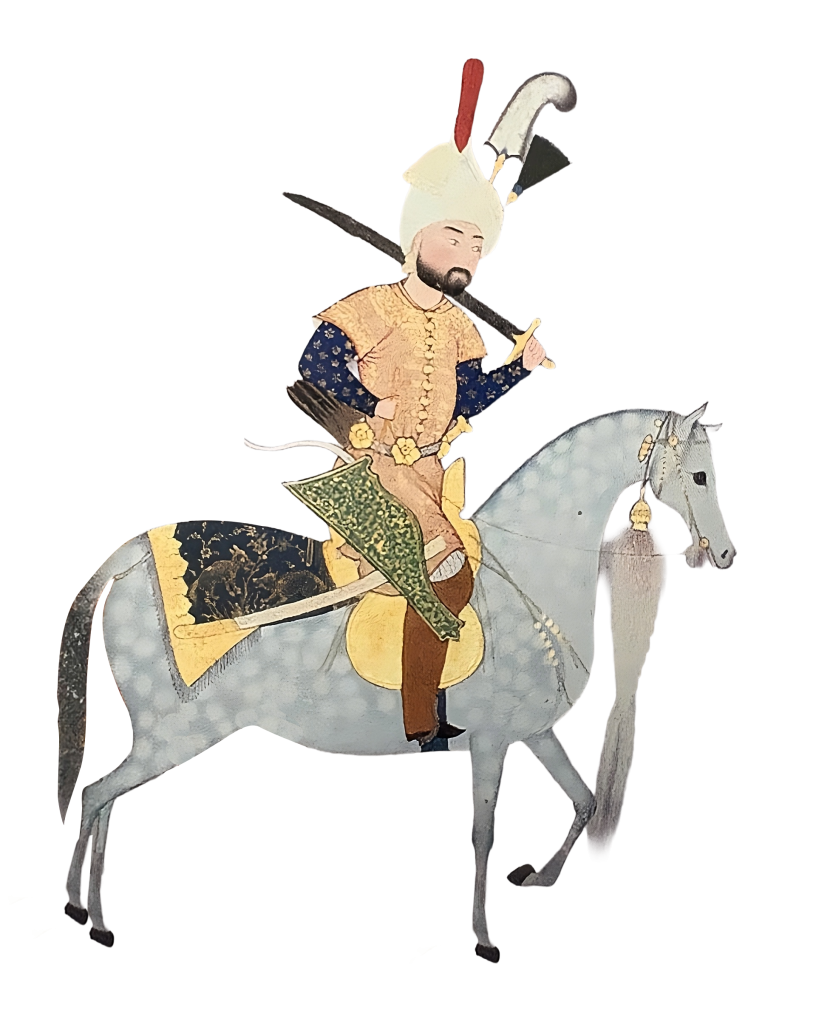 Iranian Isolated Safavid-style miniature illustration of a bearded rider on a dapple-grey horse, carrying a sword and wearing traditional historical attire.