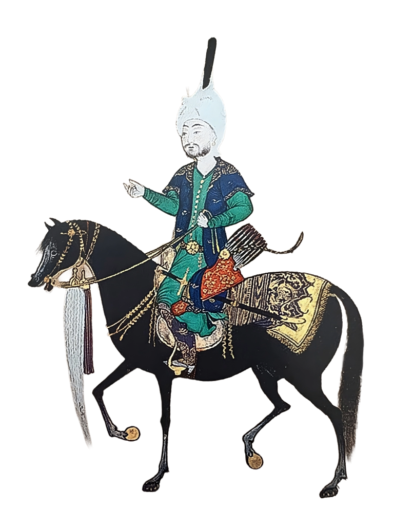 Persian Isolated Safavid-style miniature illustration of a bearded rider on a black horse, wearing traditional historical attire.